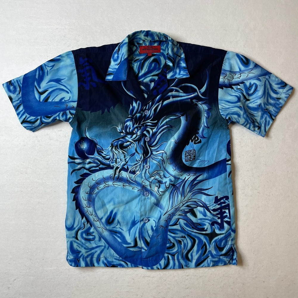 Fab Exchange Dragon Button Up Shirt Mens Medium Blue Asian‎ Graphic